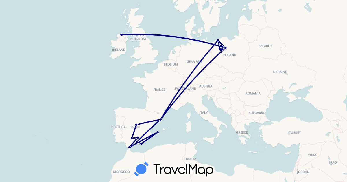 TravelMap itinerary: driving in Spain, United Kingdom, Gibraltar, Poland (Europe)